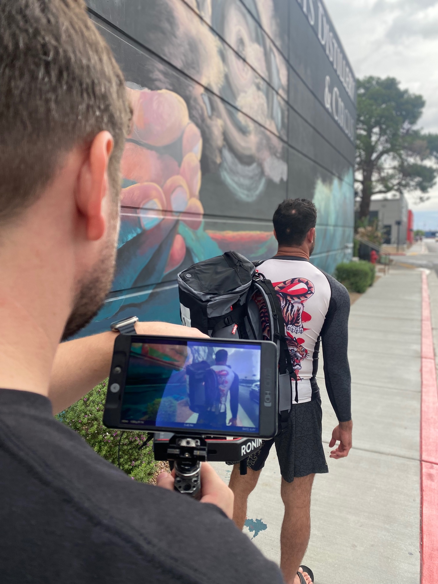 Following a fighter with a gimbal past a street mural, monitor in view
